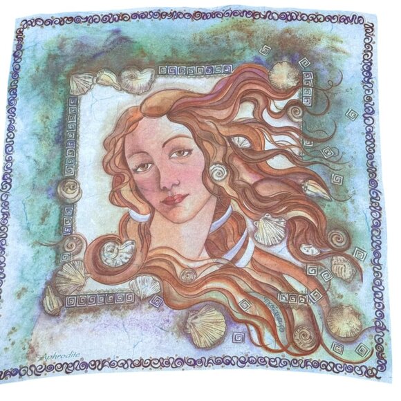 Aphrodite Silk Scarf By Ifadi Greece 31” Square Aqua Blue & Greek Goddess Print - Picture 3 of 8